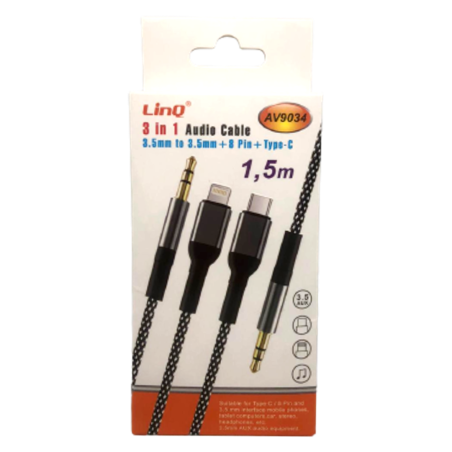 Câble Audio 3 en 1 Jack 3.5mm / Lightning Mâle / USB-C / Jack 3.5mm Nylon Tressé 1.5m LinQ AV9034 — LinQ · Smarty Paris 18e